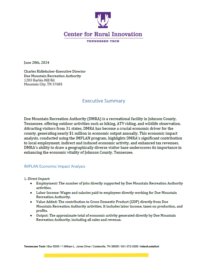 A letter from the center for rural innovation.