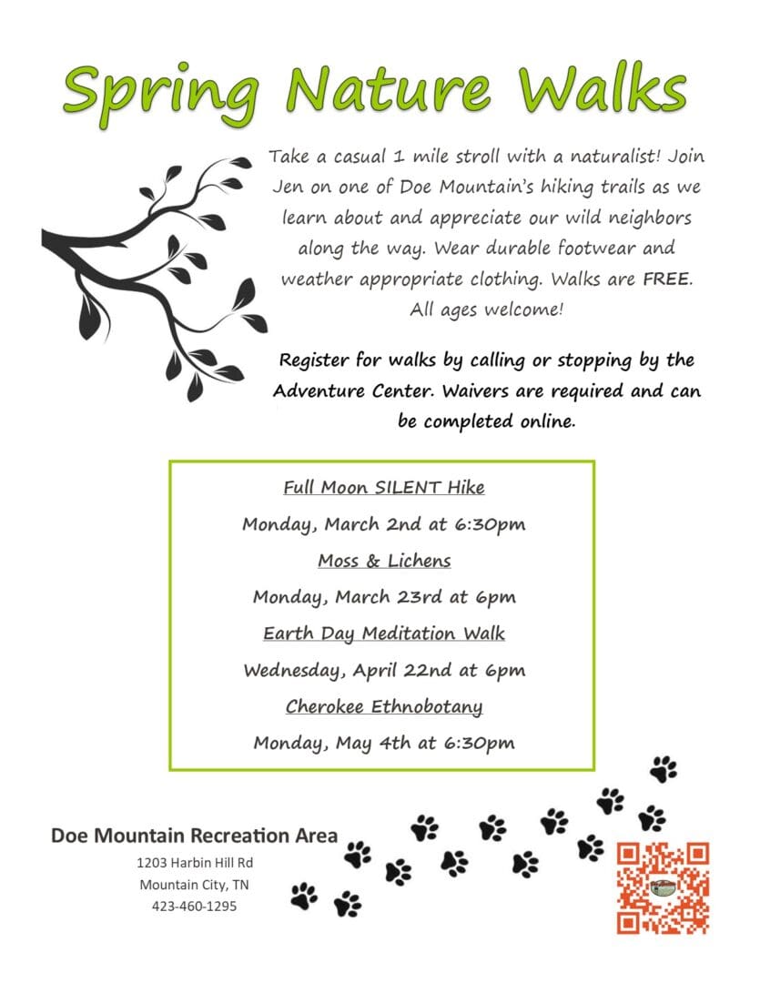 Spring nature walks event flyer with schedule.